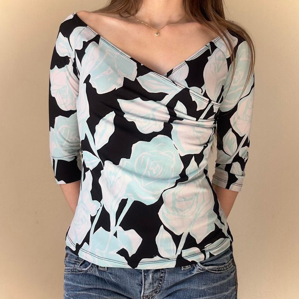 Vintage Y2K Top Volt Floral Turquoise & Black 3/4 Sleeve Fairy Wrap - Small